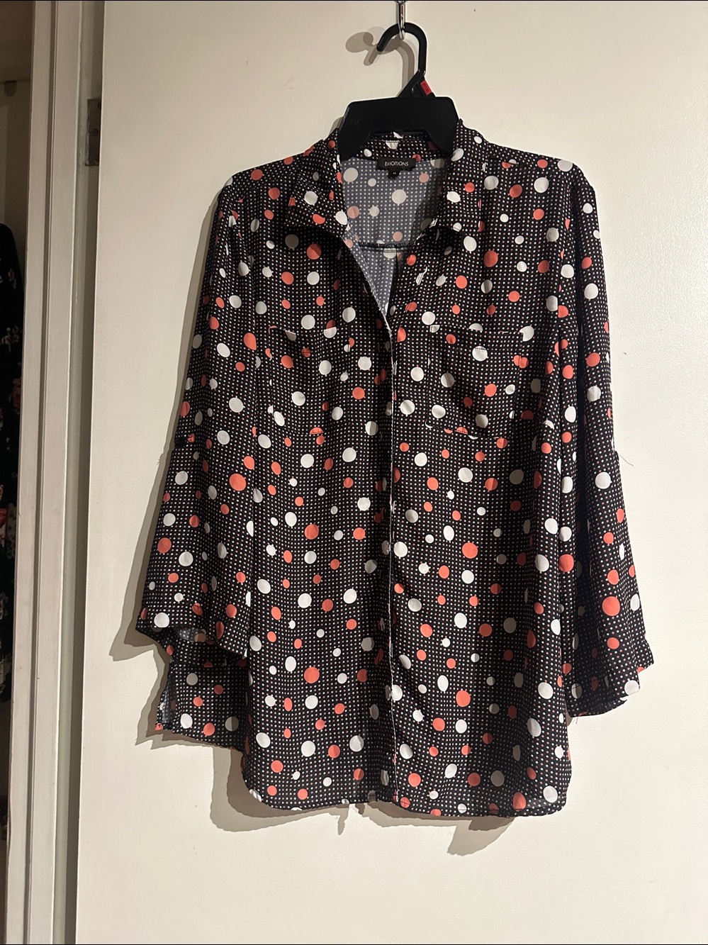 EMOTIONS Polka Dot Blouse in Black & Coral. Plus size 15